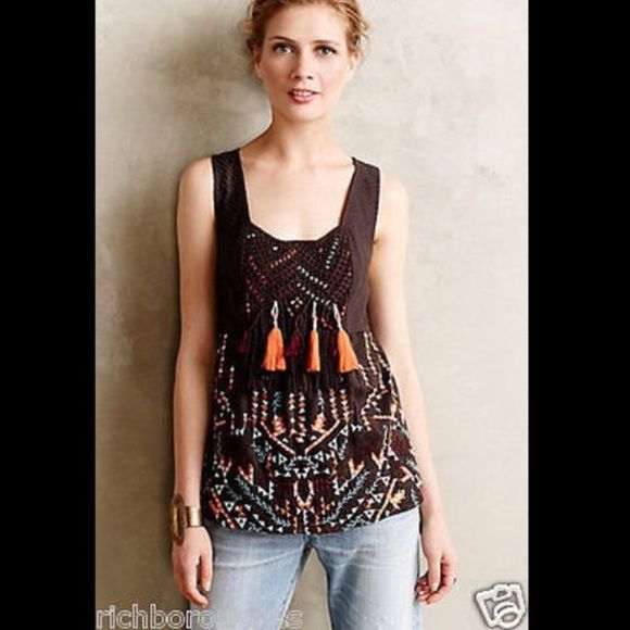 Anthropologie Tops - Anthropologie brown tassel fringe embroider Top